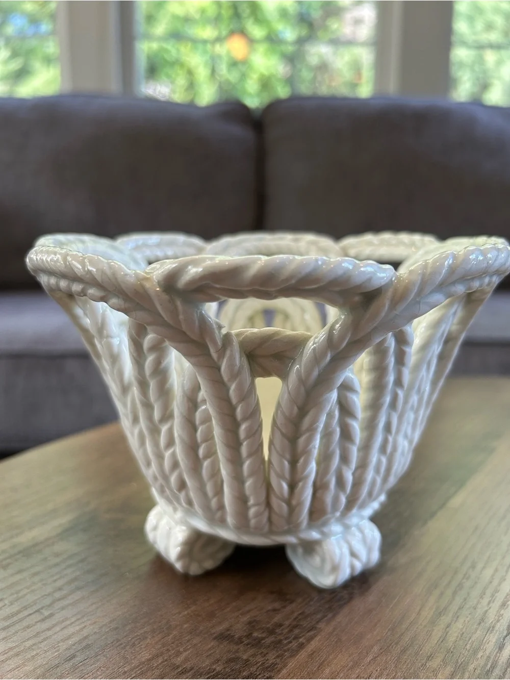 Spanish White Ceramic Piece in Basketweave Rope Pattern-Dated 1959